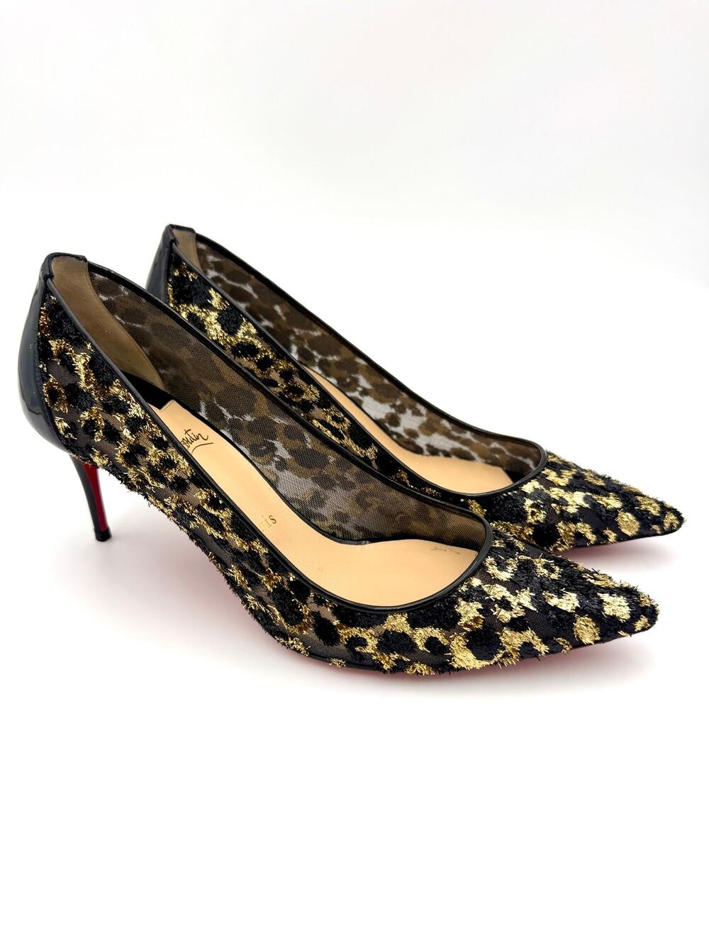 Christian Louboutin Pigalle Follies Pumps Metallic Gold Black Print Size 38 / 8